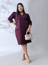 Power Wine Midi Dress with Double-Breasted Button Detail