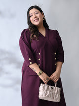 Power Wine Midi Dress with Double-Breasted Button Detail