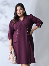 Power Wine Midi Dress with Double-Breasted Button Detail