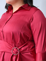 Stylish Berry Satin Belted Flare Dress