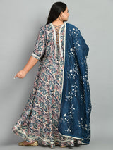 Plus Size Midnight Teal Floral Anarkali with Designer Dupatta