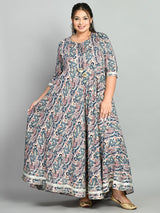 Plus Size Midnight Teal Floral Anarkali with Designer Dupatta