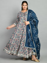 Plus Size Midnight Teal Floral Anarkali with Designer Dupatta