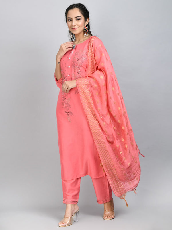 Pink Embellished Kurta Set with Dupatta