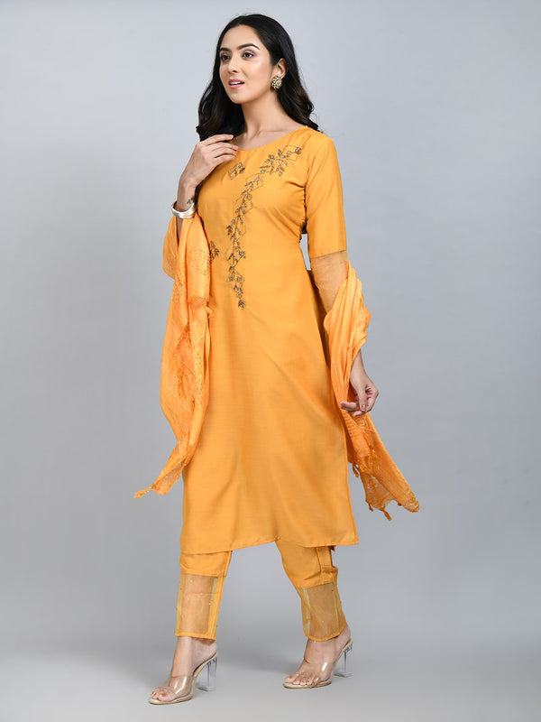 Women Yellow Cotton Silk and Organza Embellished Kurta Set