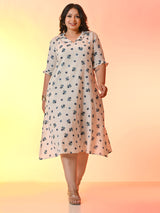 Plus Size Off White Blue Floral Flex Midi Dress