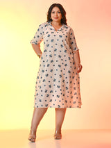 Plus Size Off White Blue Floral Flex Midi Dress