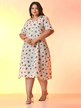 Plus Size Off White Blue Floral Flex Midi Dress