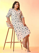 Plus Size Off White Blue Floral Flex Midi Dress