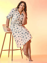 Plus Size Off White Blue Floral Flex Midi Dress