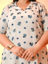 Plus Size Off White Blue Floral Flex Midi Dress