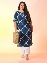 Plus Size Navy Blue Printed Cotton Kurta