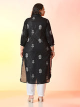 Plus Size Black Printed Lurex Cotton Kurta