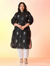 Plus Size Black Printed Lurex Cotton Kurta
