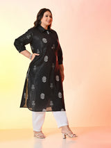 Plus Size Black Printed Lurex Cotton Kurta