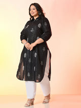 Plus Size Black Printed Lurex Cotton Kurta