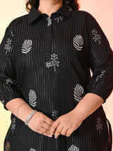 Plus Size Black Printed Lurex Cotton Kurta