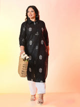 Plus Size Black Printed Lurex Cotton Kurta
