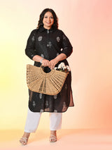 Plus Size Black Printed Lurex Cotton Kurta