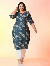 Plus Size Teal Blue Tagai Printed Cotton Kurta