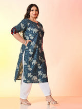 Plus Size Teal Blue Tagai Printed Cotton Kurta