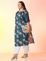 Plus Size Teal Blue Tagai Printed Cotton Kurta