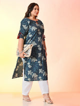 Plus Size Teal Blue Tagai Printed Cotton Kurta