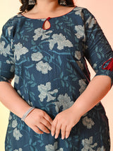 Plus Size Teal Blue Tagai Printed Cotton Kurta