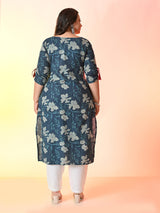 Plus Size Teal Blue Tagai Printed Cotton Kurta
