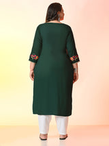 Plus Size Bottle Green Aari Embroidered Rayon Kurta