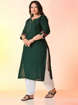 Plus Size Bottle Green Aari Embroidered Rayon Kurta