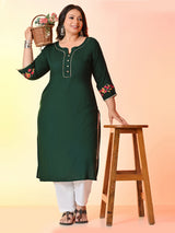 Plus Size Bottle Green Aari Embroidered Rayon Kurta