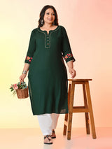 Plus Size Bottle Green Aari Embroidered Rayon Kurta