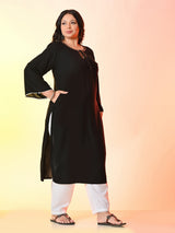 Plus Size Black Grace Anchor Embroidered Rayon Kurta | Desinoor