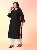 Plus Size Black Grace Anchor Embroidered Rayon Kurta | Desinoor