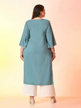 Plus Size Sea Green Anchor Embroidered Rayon Kurta | Desinoor