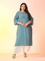 Plus Size Sea Green Anchor Embroidered Rayon Kurta | Desinoor