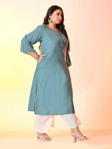 Plus Size Sea Green Anchor Embroidered Rayon Kurta | Desinoor