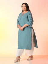 Plus Size Sea Green Anchor Embroidered Rayon Kurta | Desinoor