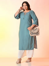 Plus Size Sea Green Anchor Embroidered Rayon Kurta | Desinoor