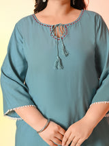 Plus Size Sea Green Anchor Embroidered Rayon Kurta | Desinoor