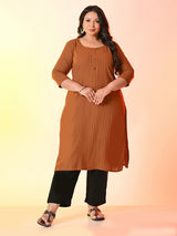 Plus Size Rust Pleated Front Straight Kurta | Desinoor
