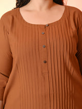 Plus Size Rust Pleated Front Straight Kurta | Desinoor