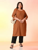 Plus Size Rust Pleated Front Straight Kurta | Desinoor