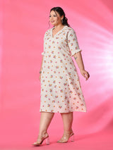 Plus Size Off White Orange Floral Flex Midi Dress