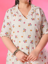 Plus Size Off White Orange Floral Flex Midi Dress