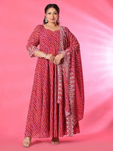 Plus Size Rani Pink Leheriya Anarkali with Dupatta