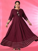 Plus Size Wine Gota Rayon Anarkali with Dupatta