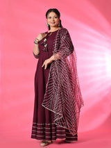 Plus Size Wine Gota Rayon Anarkali with Dupatta