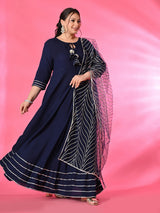 Plus Size Navy Blue Gota Rayon Anarkali with Dupatta